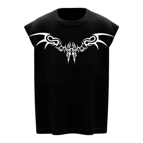 Men’s Black Sleeveless Gym Vest with White Tribal Chest Design